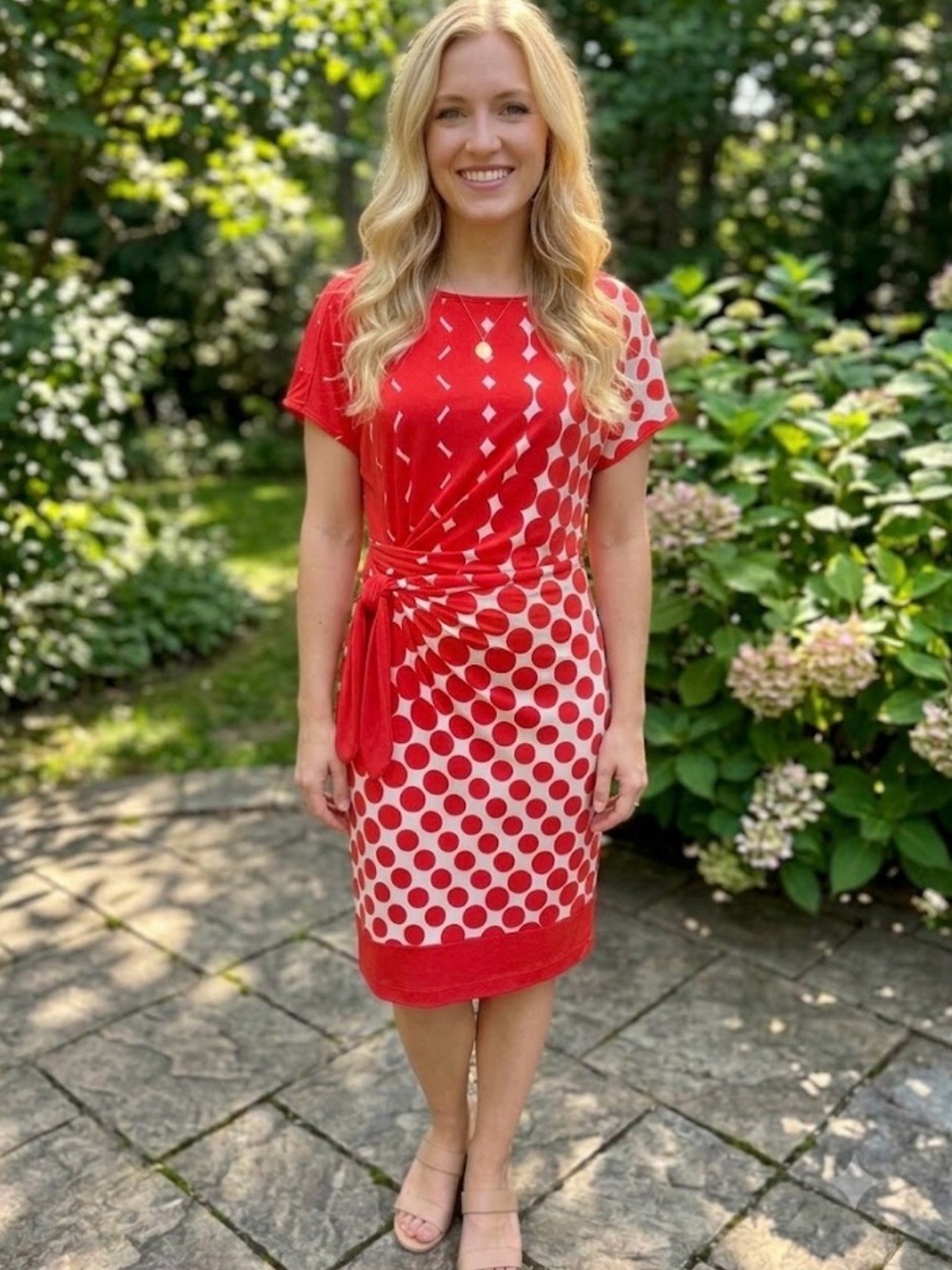 New Directions Red & White Polka Dot Side Tie Sheath Dress 10
